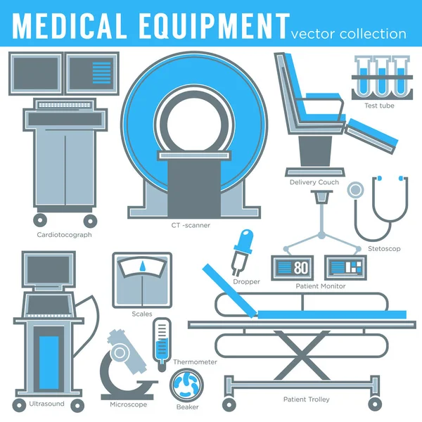 Medicina y asistencia sanitaria equipo médico herramientas y tecnología objetos aislados vector MRI y camilla o examen matraces de la silla y microscopio cardiográfico y estetoscopio termómetro y pipeta — Vector de stock