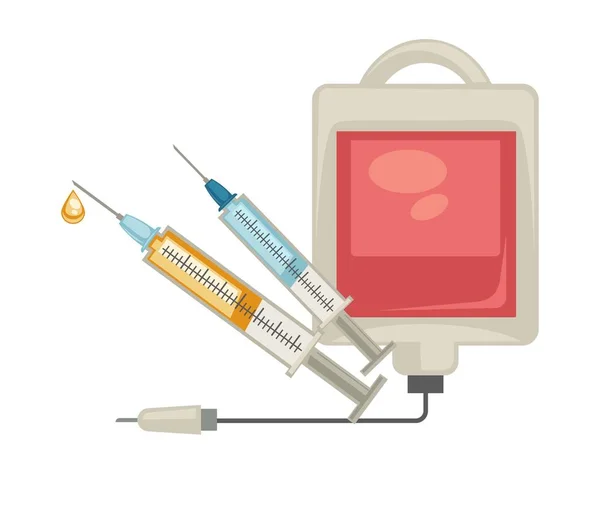 Embalagem de sangue e seringa ferramentas médicas isoladas injeção e transfusão — Vetor de Stock