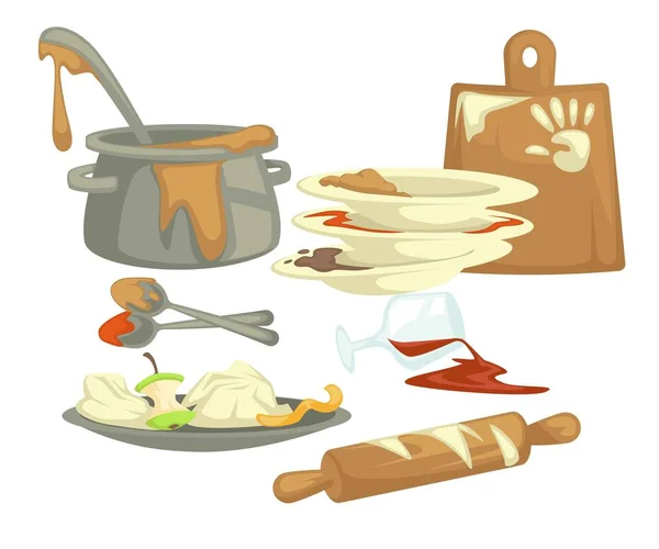 Pratos sujos e restos de alimentos para louça e manchas de gordura —  Vetores de Stock