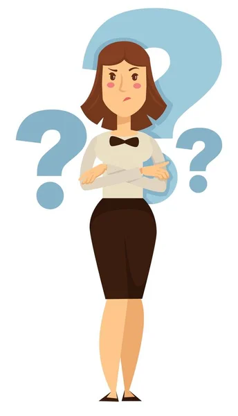 Doubt businesswoman taking decision question marks hesitation — Stock Vector