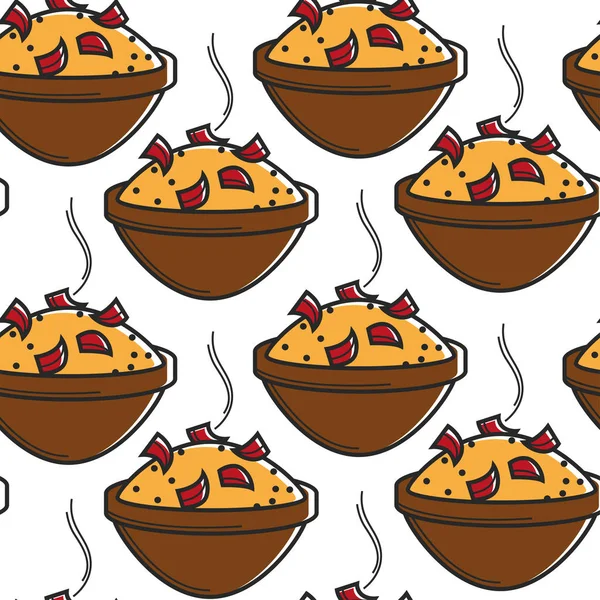 Riz chaud marocain avec papier cloche dans un bol motif sans couture — Image vectorielle