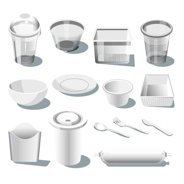 Wegwerp plastic servies of servies geïsoleerde realistische iconen — Stockvector