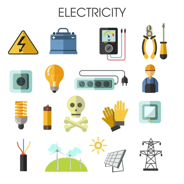 Iconos aislados de electricidad equipos de generación de energía herramientas electricistas — Vector de stock