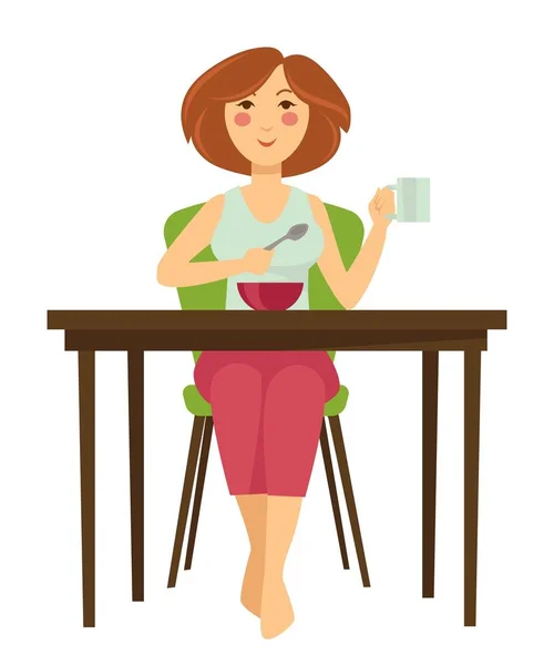 Mulher tomando café da manhã na mesa personagem feminina isolada — Vetor de Stock