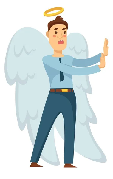 Бизнесмен ангел с крыльями и нимб останавливается от неправильного решения — стоковый вектор