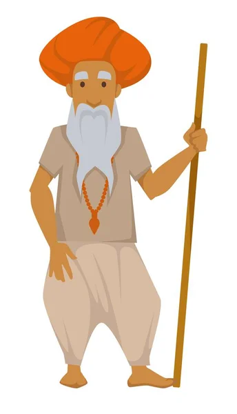 Indien âgé homme avec bâton en bois turban avec croix sur le cou — Image vectorielle