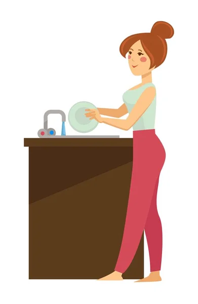 Kobieta mycia naczyń w zlewu codziennej rutyny na białym tle charakter — Wektor stockowy