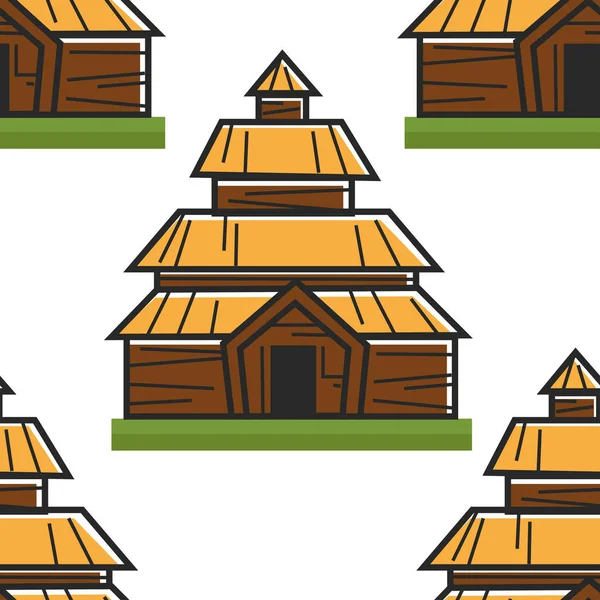 Drewniany dom norweski starożytny budynek bezszwowy wzór — Wektor stockowy