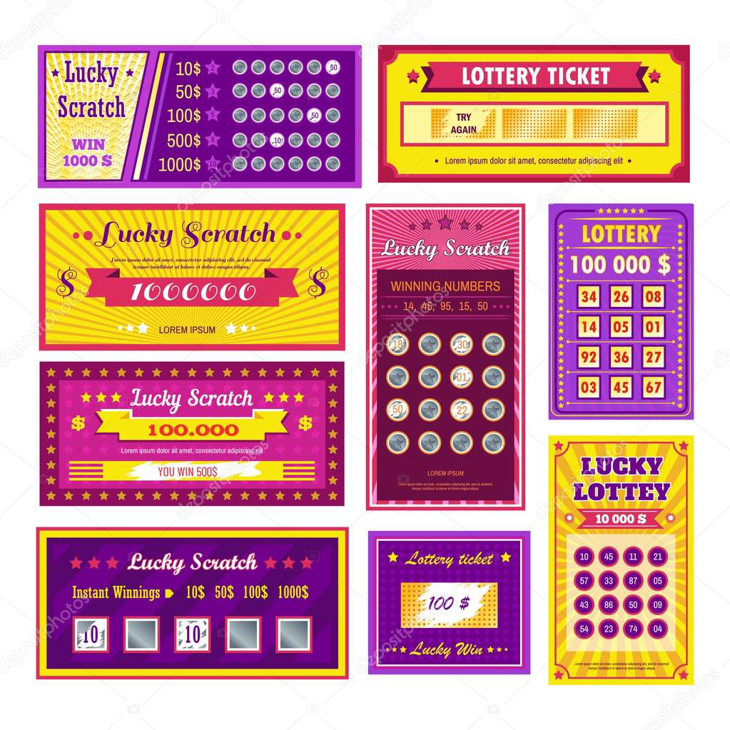 Gambling and winning money lottery tickets lucky scratch bingo vector paper leaflets with numbers fortune game win combination risk and prize cash
