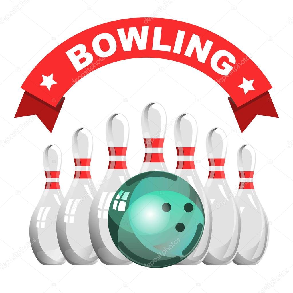 Skittles and ball bowling game club isolated icon vector sport and entertainment competition or tournament polished playing equipment strike and getting score win emblem or logo sign on ribbon.