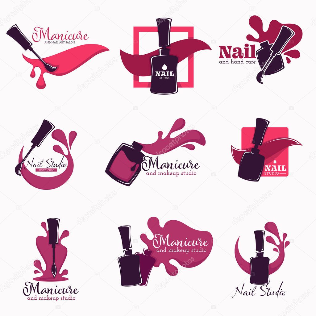 Nail studio and manicure polish or varnish in bottle isolated icons with lettering vector brush and color splash beauty salon fingernails and toenails pedicure emblem or logo manicurist services.