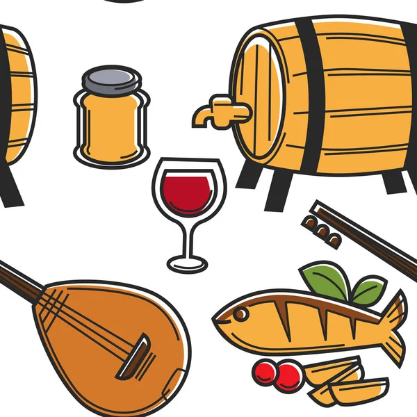 Chipre bebida alimentar e instrumento musical padrão sem costura viajando — Vetor de Stock