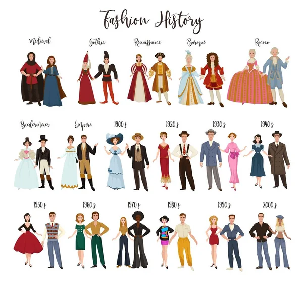 Fashion history clothes design and dressing historical epochs — Stock Vector