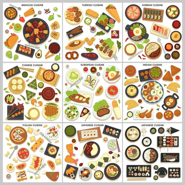 Mezinárodní kuchyně jídelní lístek a jídla pro vaření — Stockový vektor
