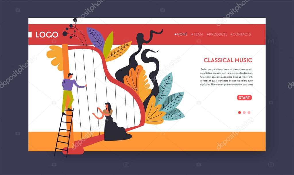 Classical music concert web page template harp musicians