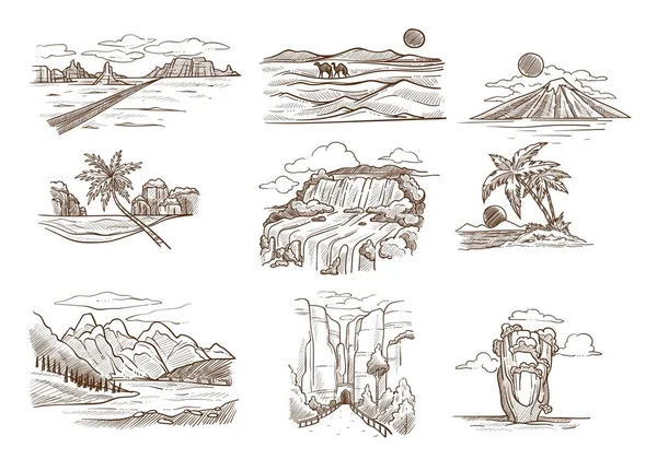 Landscape sketches wild nature seascape mountain and desert — Stock Vector