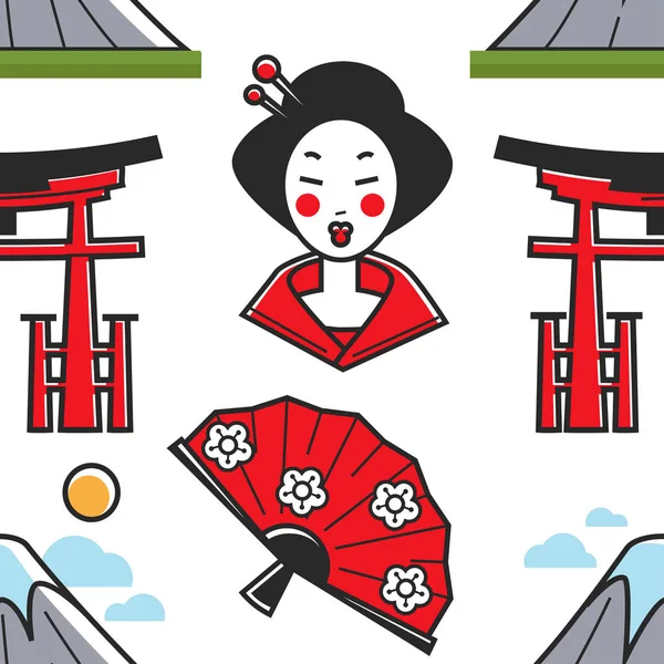 Japanse symbolen Geisha en Torii Gate Mountain en fan — Stockvector