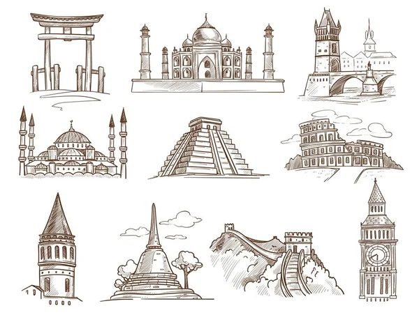 World landmarks famous buildings and architecture isolated sketches — Stock Vector