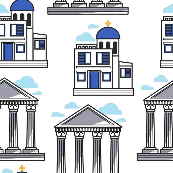 Pilares griegos y la iglesia Grecia arquitectura patrón sin costuras — Vector de stock