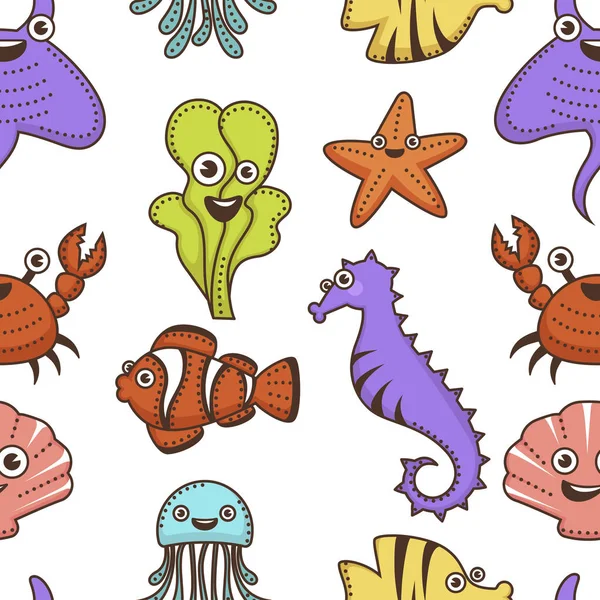 Underwater animals and plants cartoon characters seamless pattern