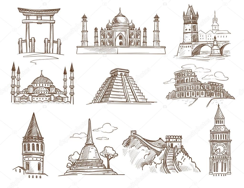 World landmarks famous buildings and architecture isolated sketches
