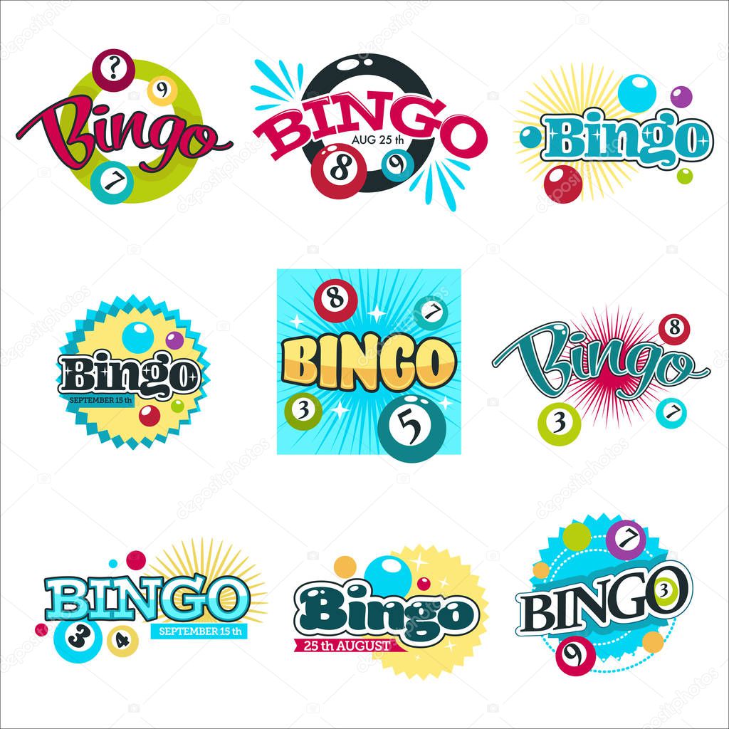 Gambling equipment balls with numbers bingo game isolated icons vector playing and winning money guessing and luck entertaining event emblem or logo with lettering digits combination and lucky ticket.