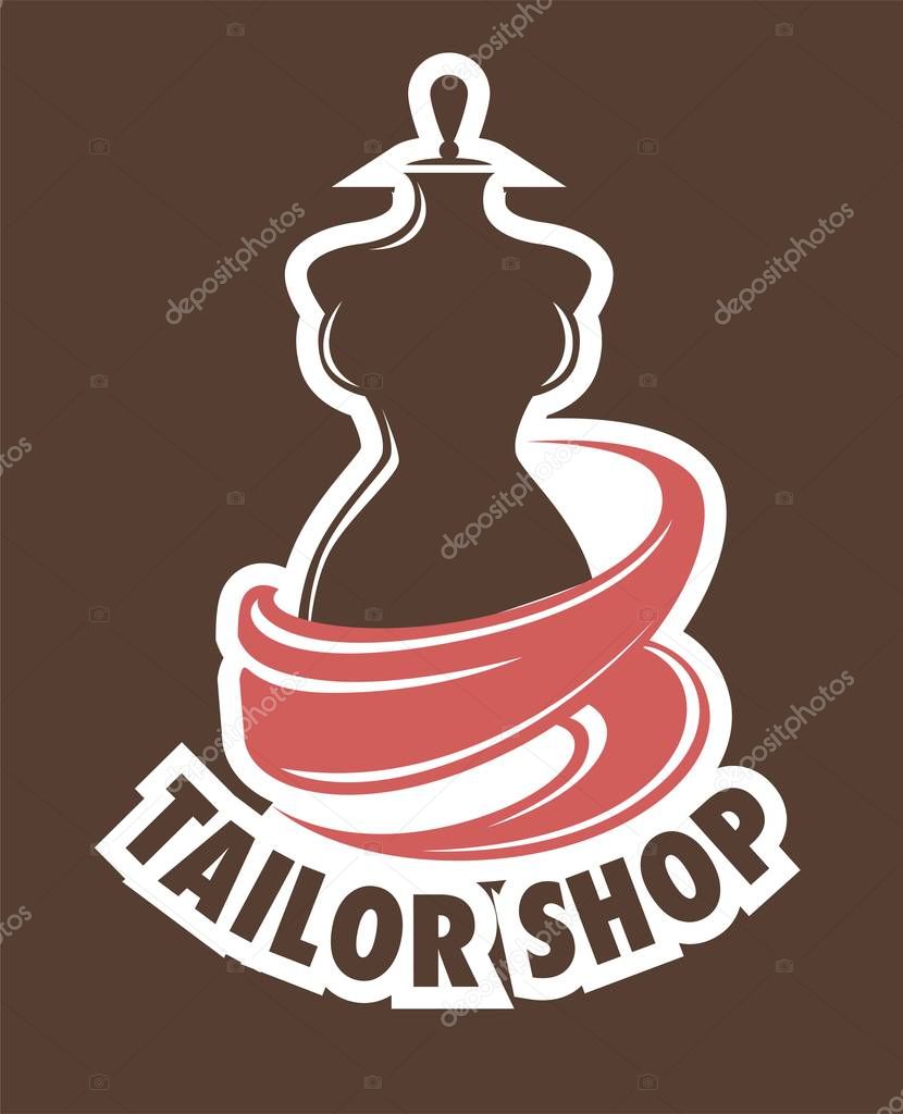 Mannequin or dummy tailor shop or atelier icon vector textile and fabric piece emblem or logo clothes repairing and creation designer handmade clothing store garments repairment or couture boutique.