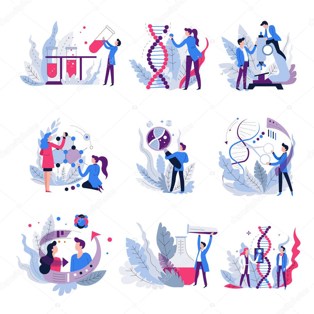 Genetics science isolated abstract icons scientists and scientific equipment
