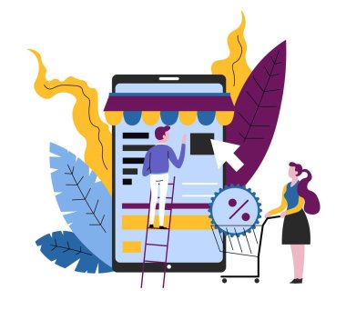 Süpermarket sepeti ile Smartphone uygulaması online alışveriş kadın