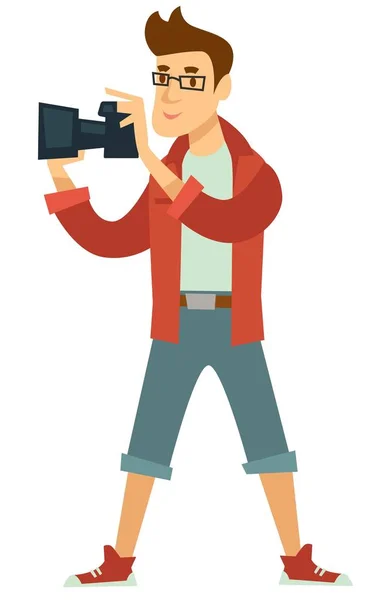 记者或摄影师专业摄影记者与相机孤立的男性字符 — 图库矢量图片