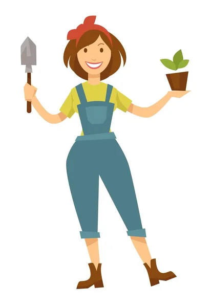 Femme jardinier avec plante en pot et bêche plantation et la culture — Image vectorielle