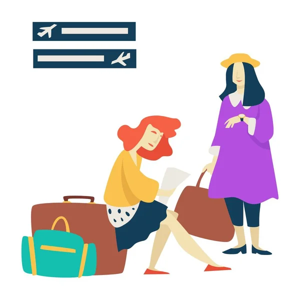 Sala de espera aeropuerto mujeres con retraso de vuelo de equipaje — Vector de stock