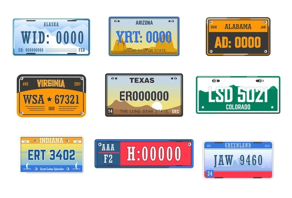 Nummerplaten auto licentie Amerikaanse Staten geïsoleerde iconen — Stockvector