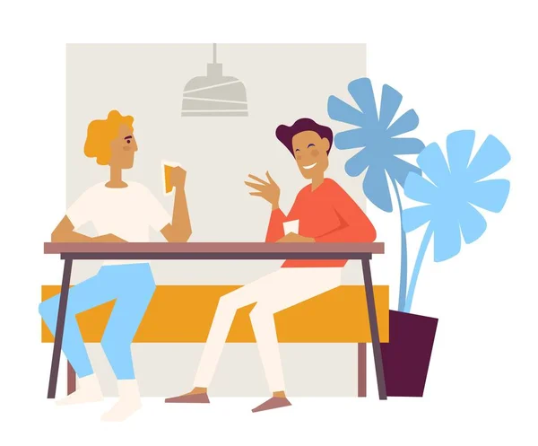 Друзья в кафе пьют кофе на диване с столовой — стоковый вектор