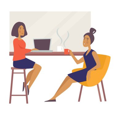 Kahve molasında laptoplu ve sıcak içecekli kadınlar kafe işkadınında.