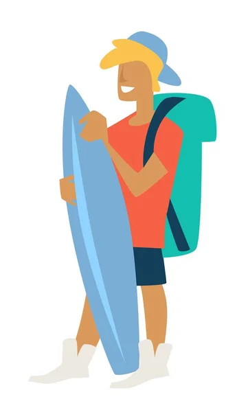 Ragazzo con tavola da surf viaggiatore vacanza estiva ragazzo con zaino — Vettoriale Stock