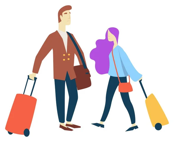 Muž a žena s kufry na cestách a cestující v letadle — Stockový vektor