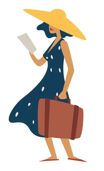 Cappello donna in paglia con depliant di lettura bagagli in aeroporto — Vettoriale Stock