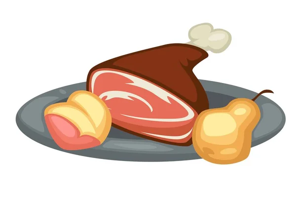 Carne y pera Renacimiento comida tradicional en plato de cerdo o venado — Archivo Imágenes Vectoriales
