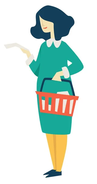 Mujer con cesta de supermercado y lista de la compra de alimentos — Vector de stock