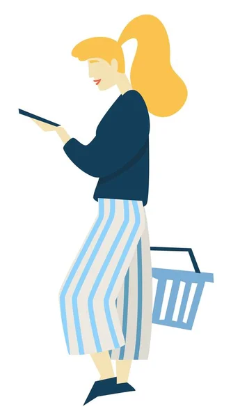 Mujer con cesta de supermercado y compras de alimentos para teléfonos inteligentes — Vector de stock