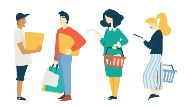 Homens e mulheres sacos de compras e cesta de supermercado caixa — Vetor de Stock
