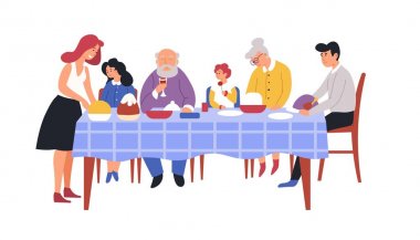 Aile yemeği şenlikli yemek masası ve yemekleri mutfak veya yemek odası