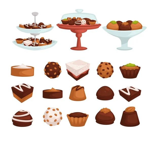 Cakes and cookies or candies with chocolate or cream pastry food — Stock Vector