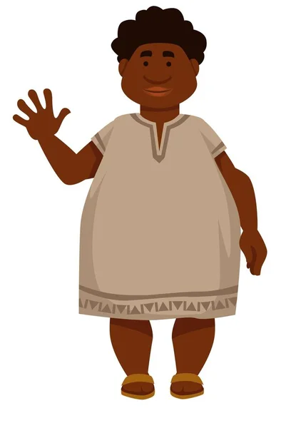 Hombre africano regordete en camisa larga y sandalias con peinado afro — Vector de stock