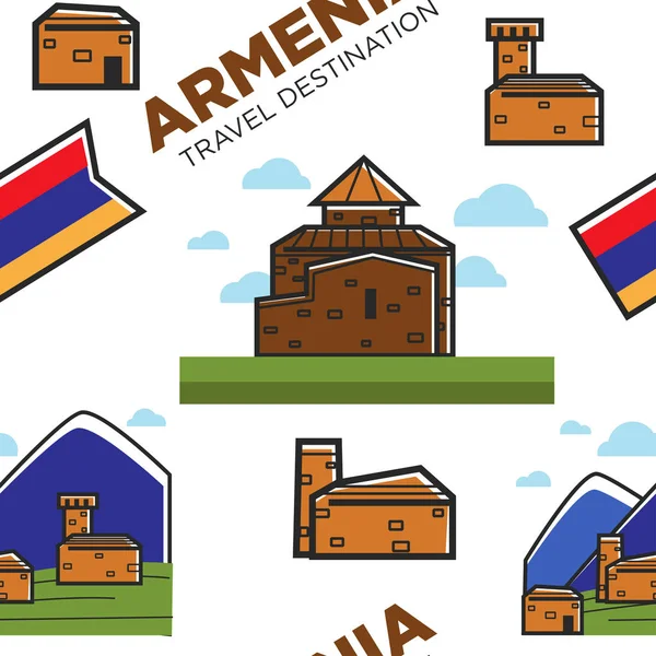 Arquitetura armênia e montanhas da natureza e padrão sem costura bandeira nacional —  Vetores de Stock
