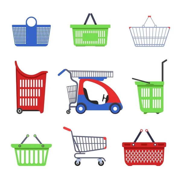 Süpermarket sepeti ve sepet alışveriş arabaları izole nesneler — Stok Vektör