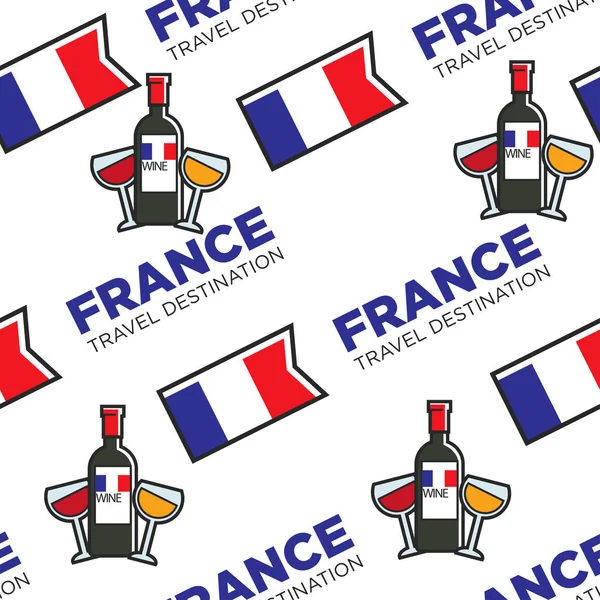 Copas de vino francés y botella bandera nacional patrón sin costuras — Vector de stock