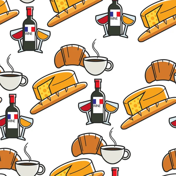 Gerechten en drankjes Franse kaas en Baguette wijn koffie en croissant — Stockvector