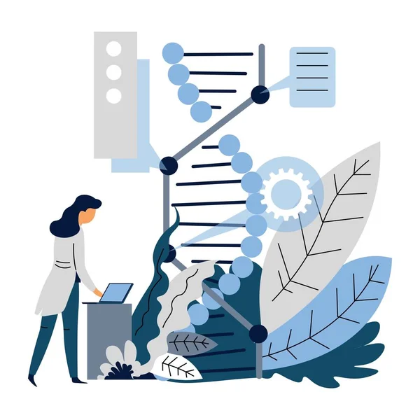 微生物学或遗传学人工智能和Dna科学家和笔记本电脑 — 图库矢量图片